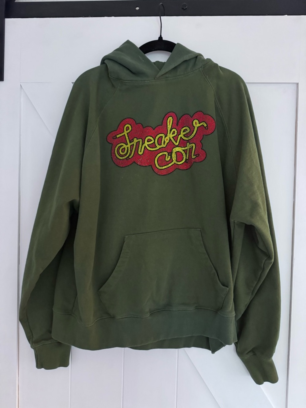 Olive Green Hoodie Sweatshirt with 'Sneaker Con' Patch